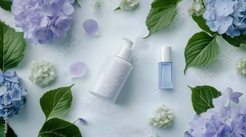 Beautiful pink bouquet of fresh flowers in a glass vase, surrounded by green leaves and blooming plants