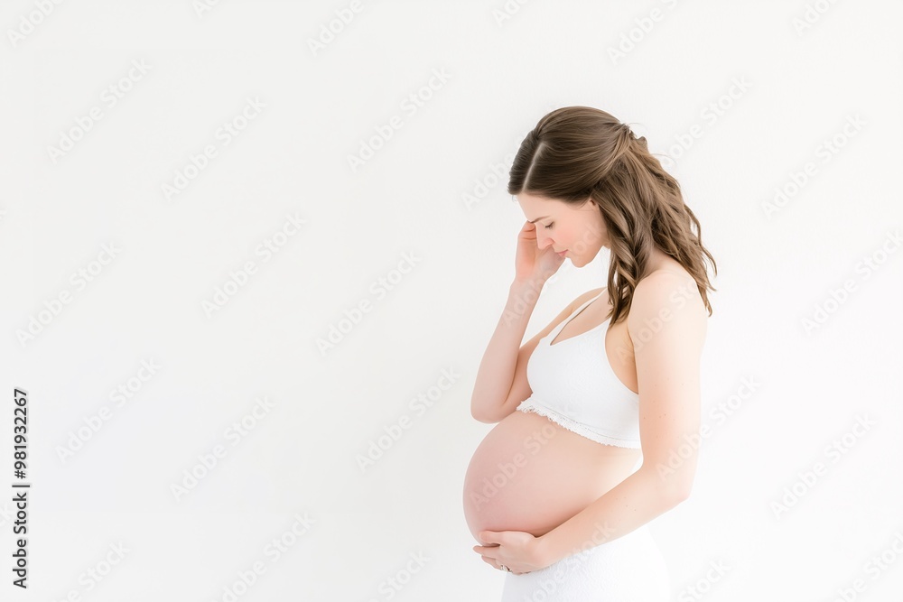 A pregnant girl with a white background is touching her belly, concept of women's health, pregnancy planning, happiness of motherhood, banner, poster for social projects A pregnant girl with a white background is touching her belly, concept of women's health, pregnancy planning, happiness of motherhood, banner, poster for social projects