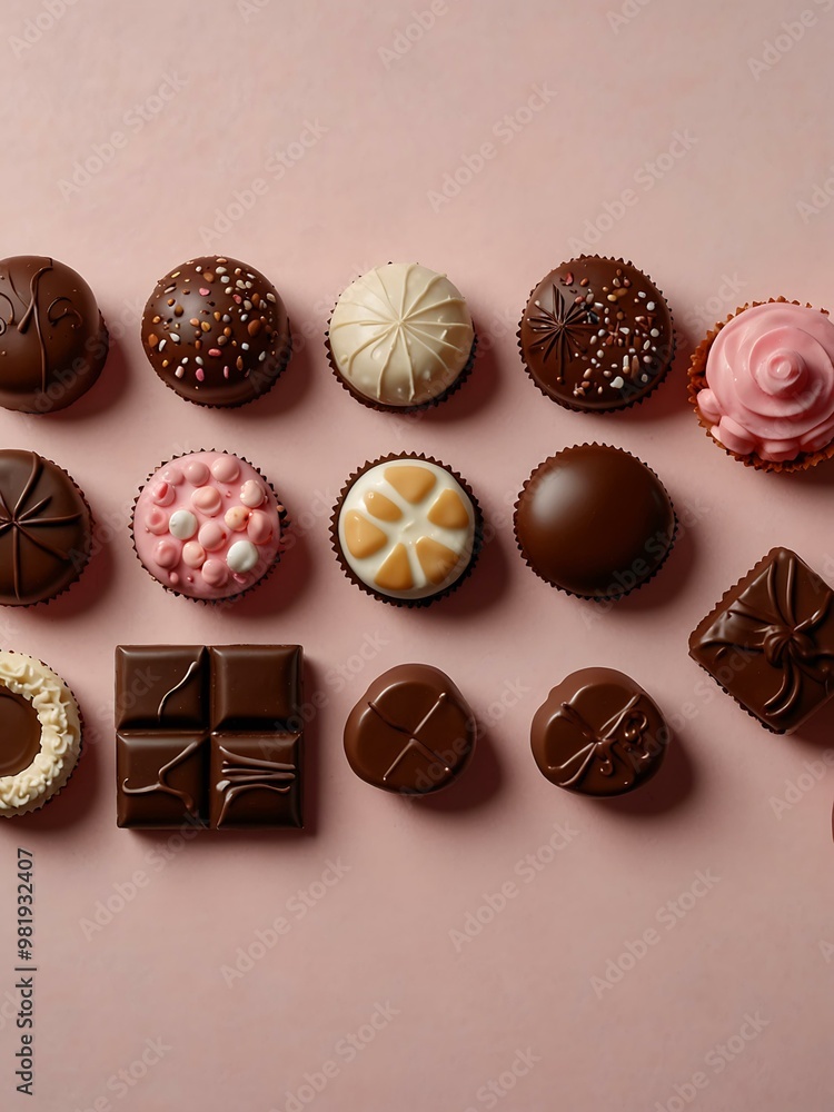 Tempting variety of chocolate confections beautifully arranged on a light pink surface. Tempting variety of chocolate confections beautifully arranged on a light pink surface.