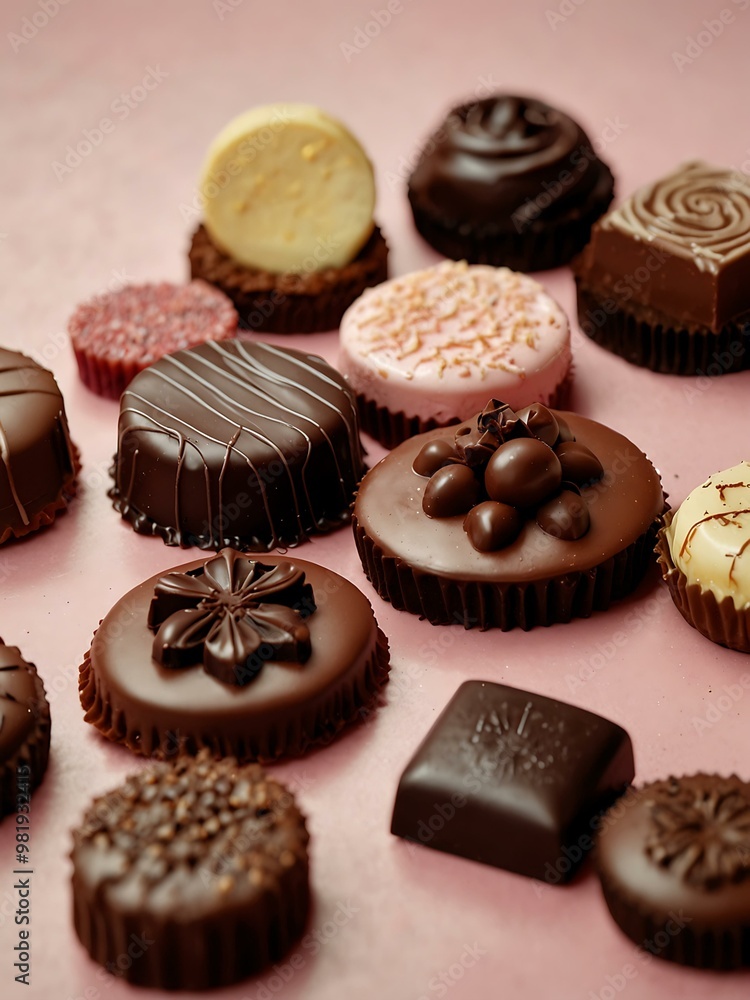 Tempting variety of chocolate confections beautifully arranged on a light pink surface. Tempting variety of chocolate confections beautifully arranged on a light pink surface.