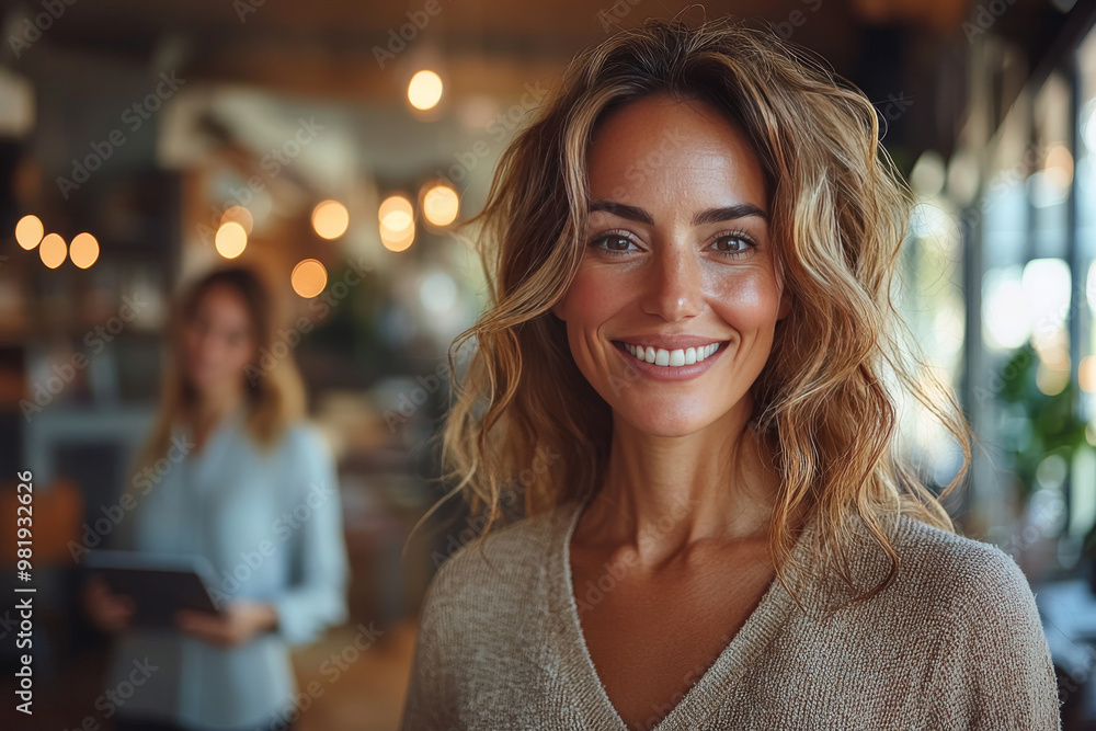 Obraz premium Smiling woman with blonde hair in a cafe.