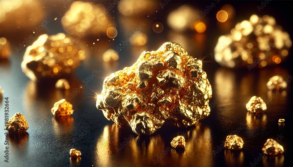 Gold The surface under the nuggets appears moist or polished, enhancing the reflections Gold The surface under the nuggets appears moist or polished, enhancing the reflections