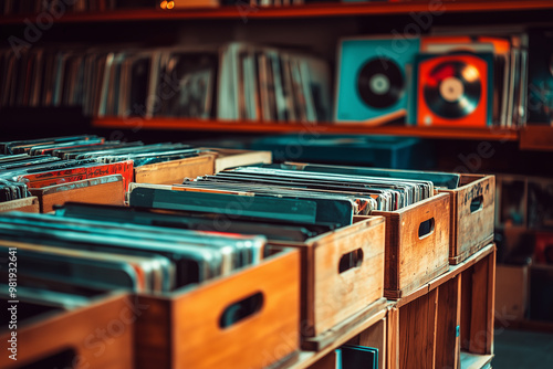 Vintage vinyl record store with wooden crates. photo