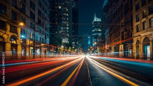 Long Exposure Capturing Vibrant Light Trails on a Bustling City Street at Night
