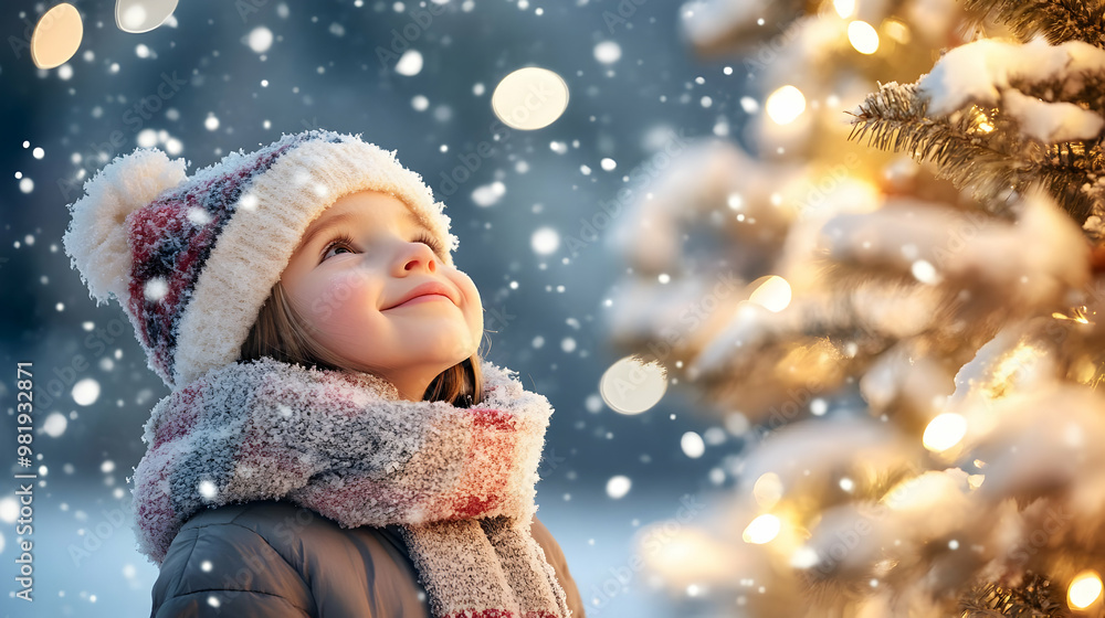 Happy kid Standing With Christmas Tree Happy kid Standing With Christmas Tree