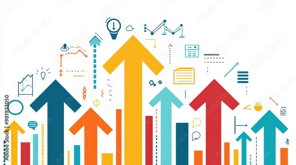 Colorful Upward Arrows with Business Icons and Charts Colorful Upward Arrows with Business Icons and Charts