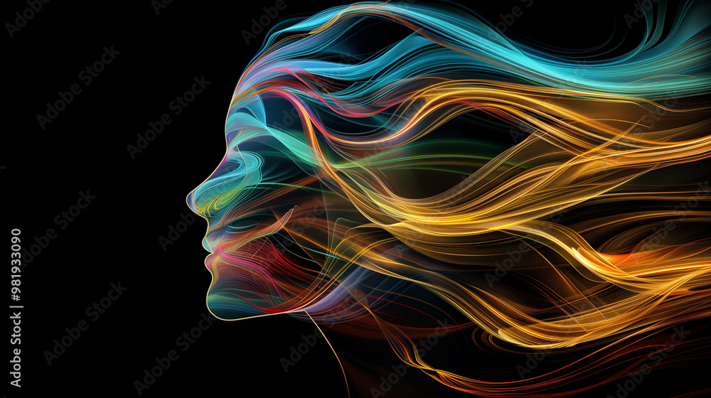 Fototapeta premium Vibrant abstract face with flowing multicolored lines representing imagination and human expression