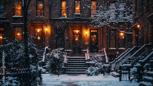 Winter evening snowfall on a quiet New York residential street with lit windows