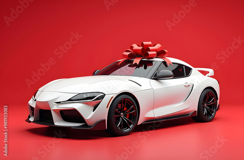 White car with a red gift bow on top on a red background.