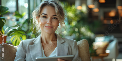 Smiling woman in a blazer looks at the camera while holding a tablet.