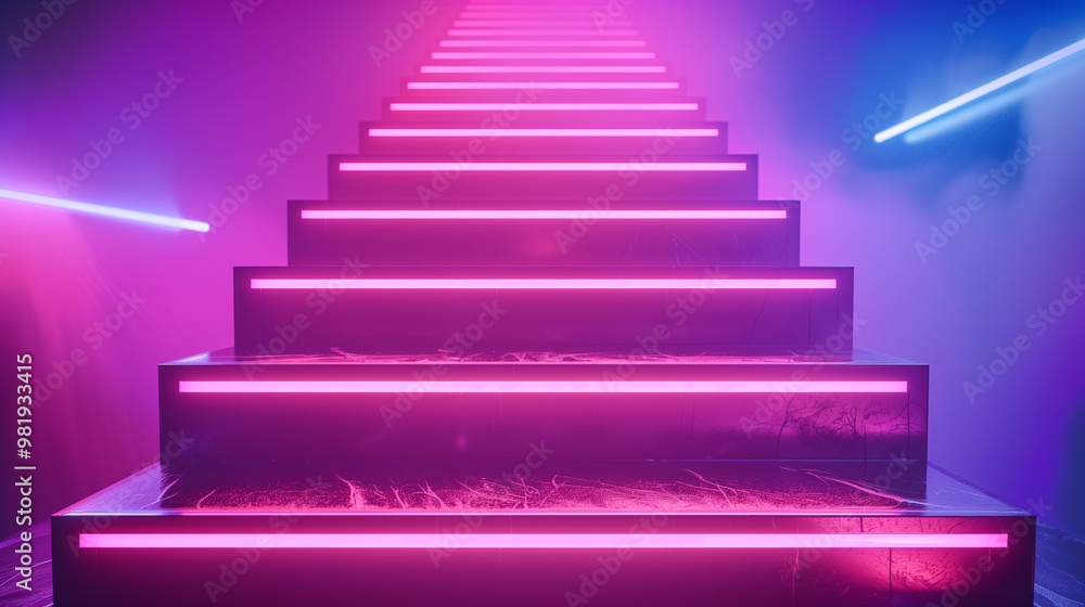 Neon-lit staircase in a futuristic environment with glowing pink and purple hues Neon-lit staircase in a futuristic environment with glowing pink and purple hues