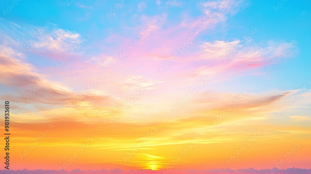 Obraz premium Beautiful Sunset Sky with Fluffy Clouds and Golden Hues