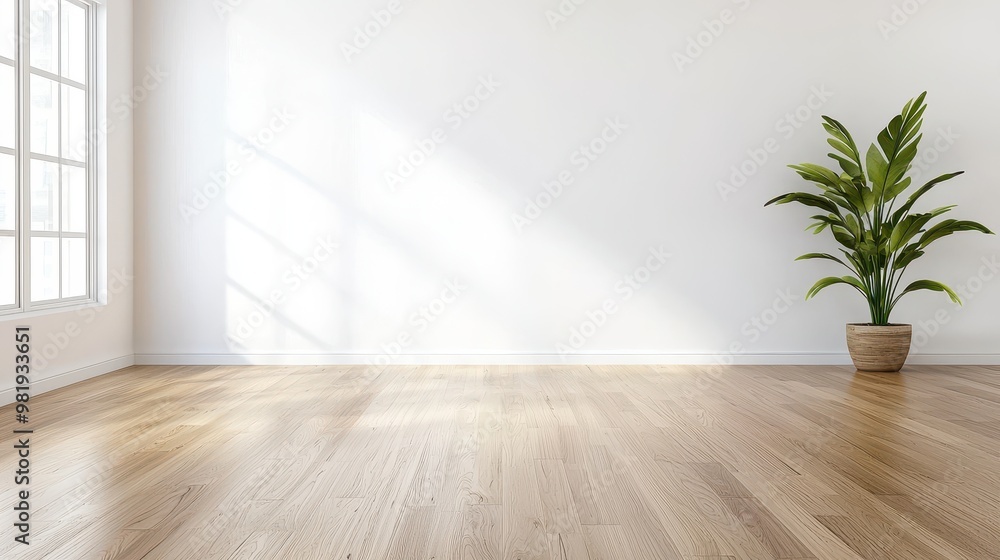 Empty Room With Hardwood Floor and Plant White Wall Sunlight Empty Room With Hardwood Floor and Plant White Wall Sunlight