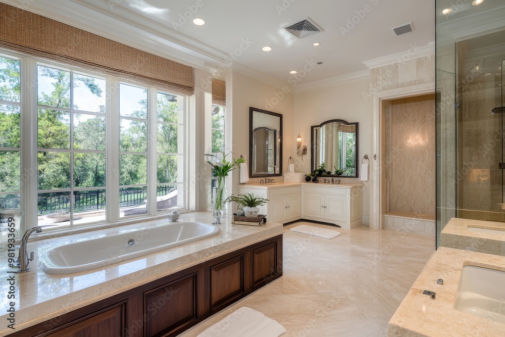 Modern bathroom with a large bathtub, double vanity, and glass shower enclosure, overlooking a green landscape through a window. Modern bathroom with a large bathtub, double vanity, and glass shower enclosure, overlooking a green landscape through a window.