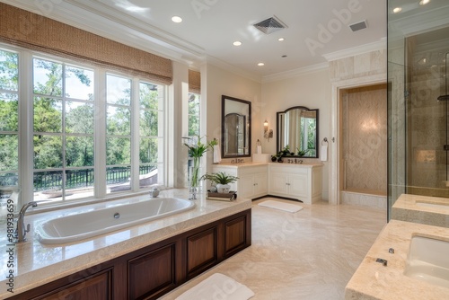 Modern bathroom with a large bathtub, double vanity, and glass shower enclosure, overlooking a green landscape through a window.