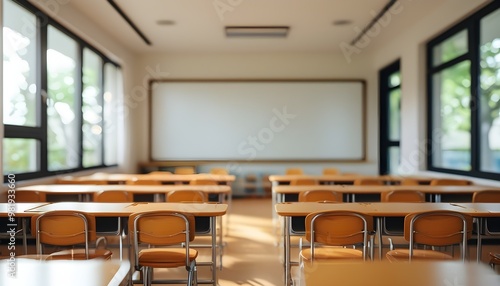 Desolate elementary school classroom with empty chairs and tables, capturing a moment of stillness and solitude in education