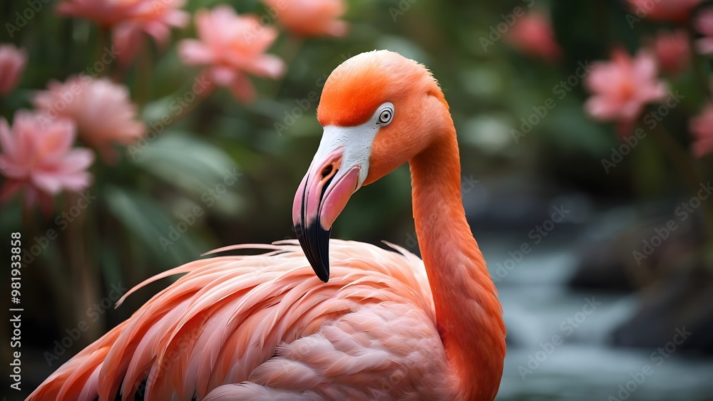 Fototapeta premium A Vibrant Flamingo Stands Gracefully Among Pink Water Lilies in a Tranquil Garden Setting at Midday