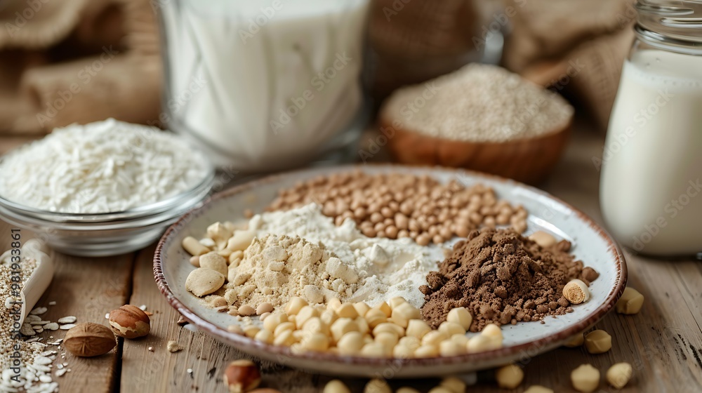 Plate with a mix of dry milk along with nutrients and vitamins Plate with a mix of dry milk along with nutrients and vitamins