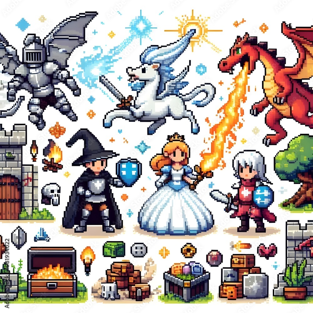 Fantasy Pixel Art Scene with Characters and Elements Fantasy Pixel Art Scene with Characters and Elements