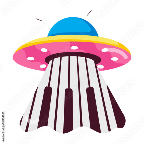 Comic style sticker of ufo with piano keys 