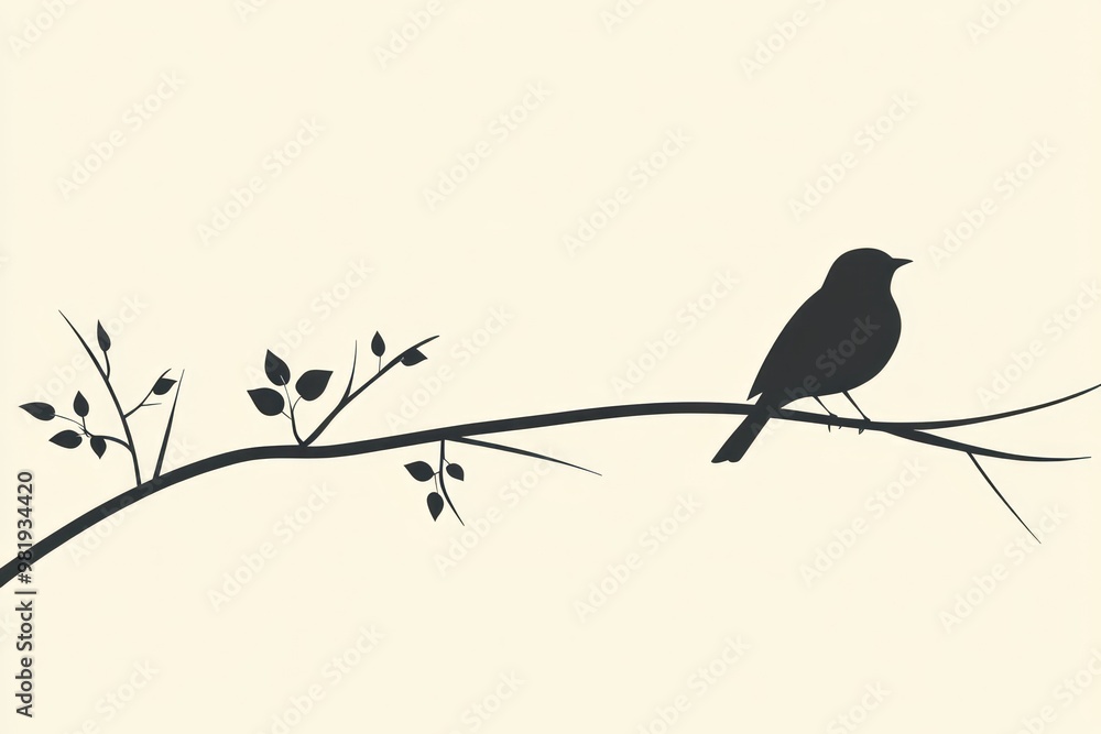 Silhouette of a Bird Perched on a Branch with Leaves Silhouette of a Bird Perched on a Branch with Leaves