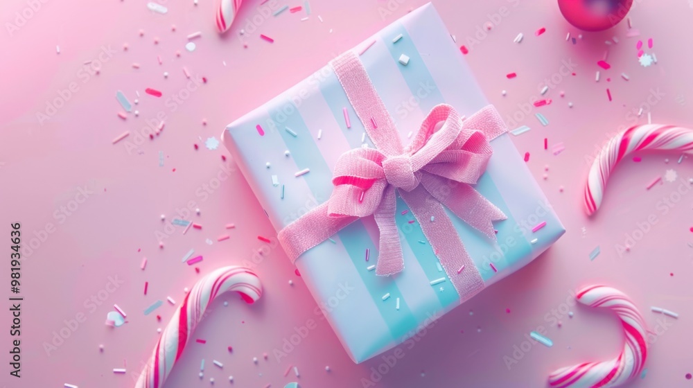 Top view of a wrapped gift with a bow, clean pastel background, candy canes, holiday and festive. Top view of a wrapped gift with a bow, clean pastel background, candy canes, holiday and festive.