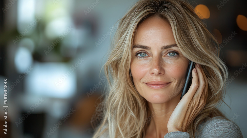 A woman smiles as she talks on her phone. A woman smiles as she talks on her phone.