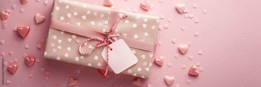 Top view of a wrapped gift with a name tag, clean light pink background, small hearts, romantic and sweet. Top view of a wrapped gift with a name tag, clean light pink background, small hearts, romantic and sweet.