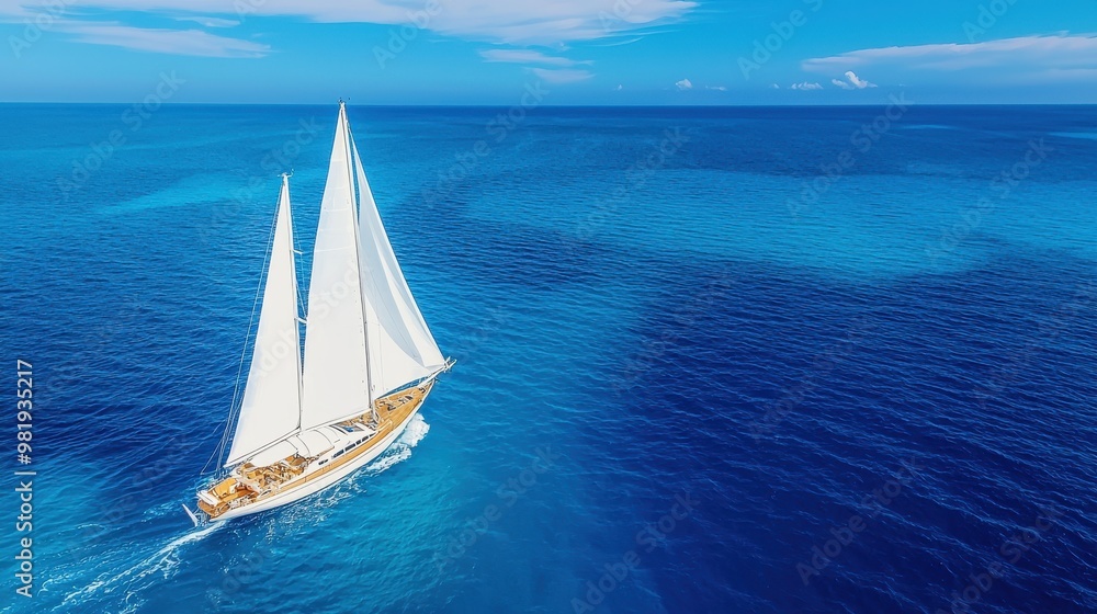 Fototapeta premium Aerial View of Sailboat on Calm Ocean with Blue Sky and Clouds