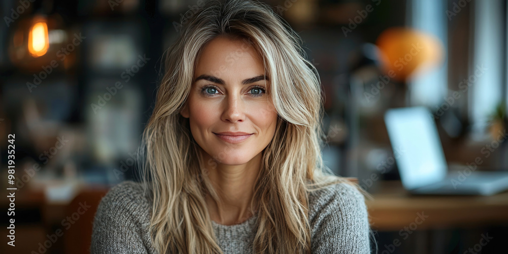 Obraz premium Smiling woman with long blonde hair in a casual setting
