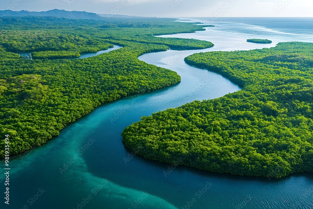 Lush green forests intertwined with a winding river, showcasing the beauty of nature and biodiversity from an aerial perspective. Lush green forests intertwined with a winding river, showcasing the beauty of nature and biodiversity from an aerial perspective.