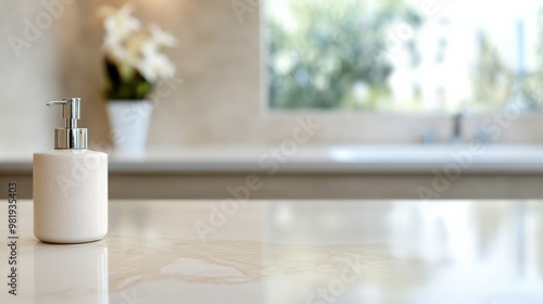 Elegant bathroom scene featuring a soap dispenser on a polished countertop with natural light and floral accents in the background.