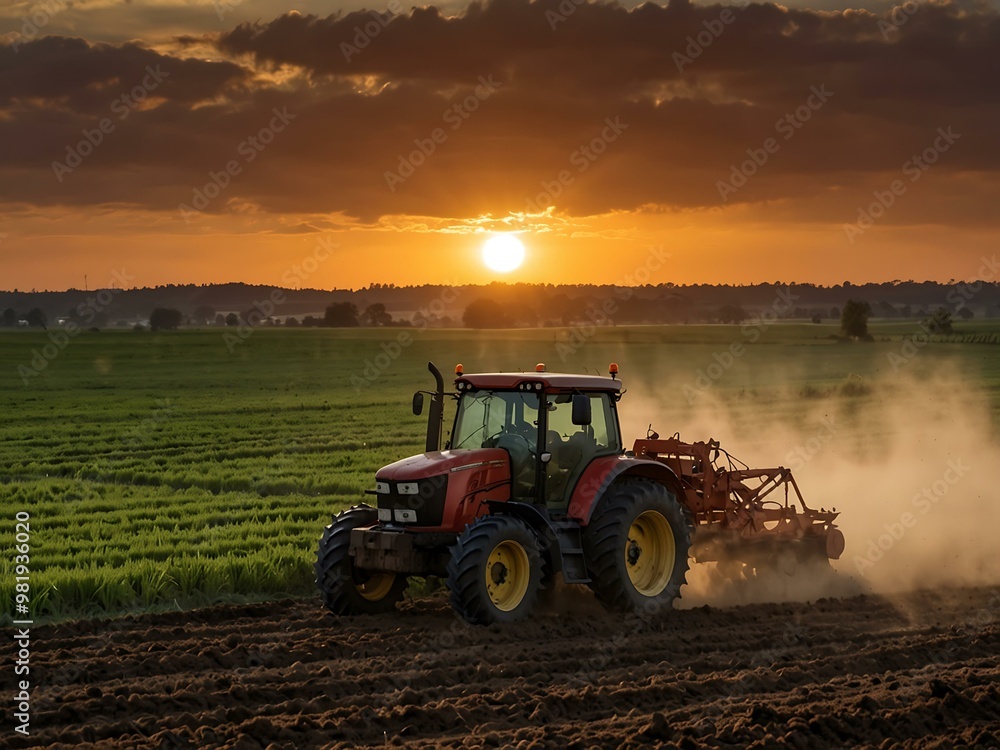 Tractor plowing a field at sunset, showcasing agricultural life. Tractor plowing a field at sunset, showcasing agricultural life.