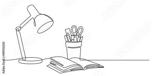 opening book,lamp and pencil holder workplace desk organizer one line drawing