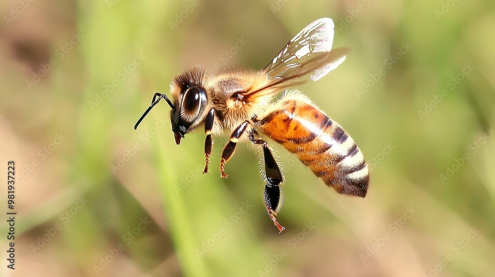 Closeup Honey Bee Flying in Nature with Blurred Green and Brown Background Closeup Honey Bee Flying in Nature with Blurred Green and Brown Background
