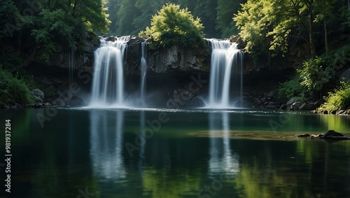 Tranquil lake scene with a solitary figure and waterfall.