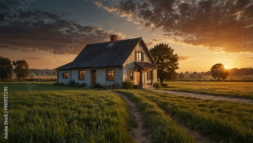 Tranquil house at sunset, surrounded by a peaceful field.