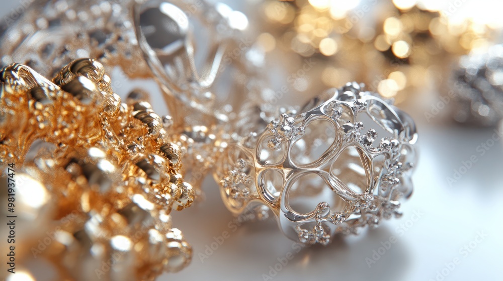 Fototapeta premium a group of silver and gold ornaments on a white surface. generative ai