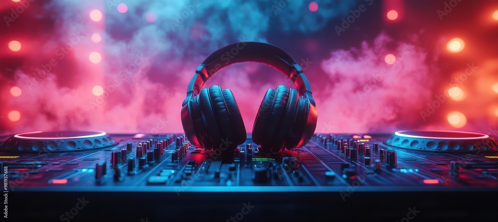Colorful DJ headphones on DJ console in the background of a fuzzy smoky dark nightclub