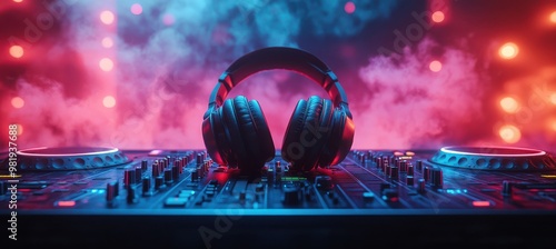 Obraz na płótnie Colorful DJ headphones on DJ console in the background of a fuzzy smoky dark nightclub w salonie