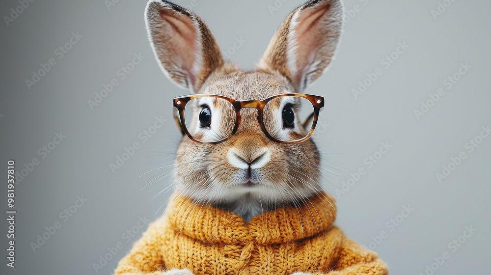 A stylish rabbit wearing glasses and a cozy sweater poses playfully against a neutral background A stylish rabbit wearing glasses and a cozy sweater poses playfully against a neutral background