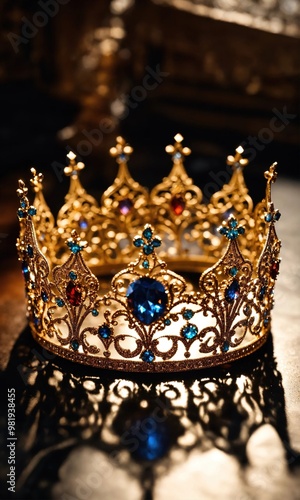 low key image of beautiful queen/king crown. vintage filtered. fantasy medieval period. selective focus. ai generative