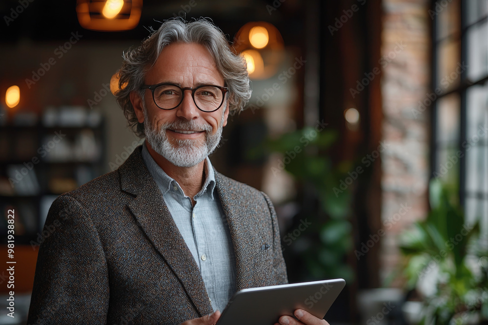 Smiling man with gray hair holding a tablet. Smiling man with gray hair holding a tablet.