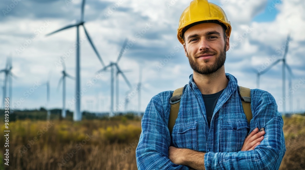 Portrait of Wind Energy Technician with Turbines in Background Portrait of Wind Energy Technician with Turbines in Background