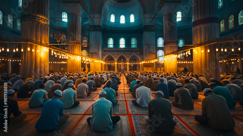 Muslims in mosques performing Taraweeh prayers, focusing on the serenity and spiritual focus of the group photo