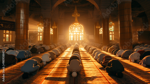 Muslims in mosques performing Taraweeh prayers, focusing on the serenity and spiritual focus of the group photo