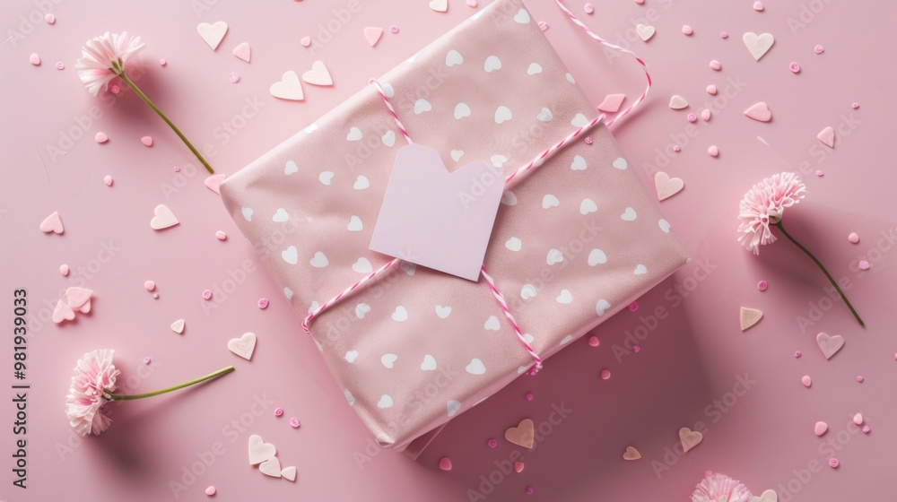 Top view of a wrapped gift with a name tag, clean light pink background, small hearts, small flowers, romantic and sweet. Top view of a wrapped gift with a name tag, clean light pink background, small hearts, small flowers, romantic and sweet.