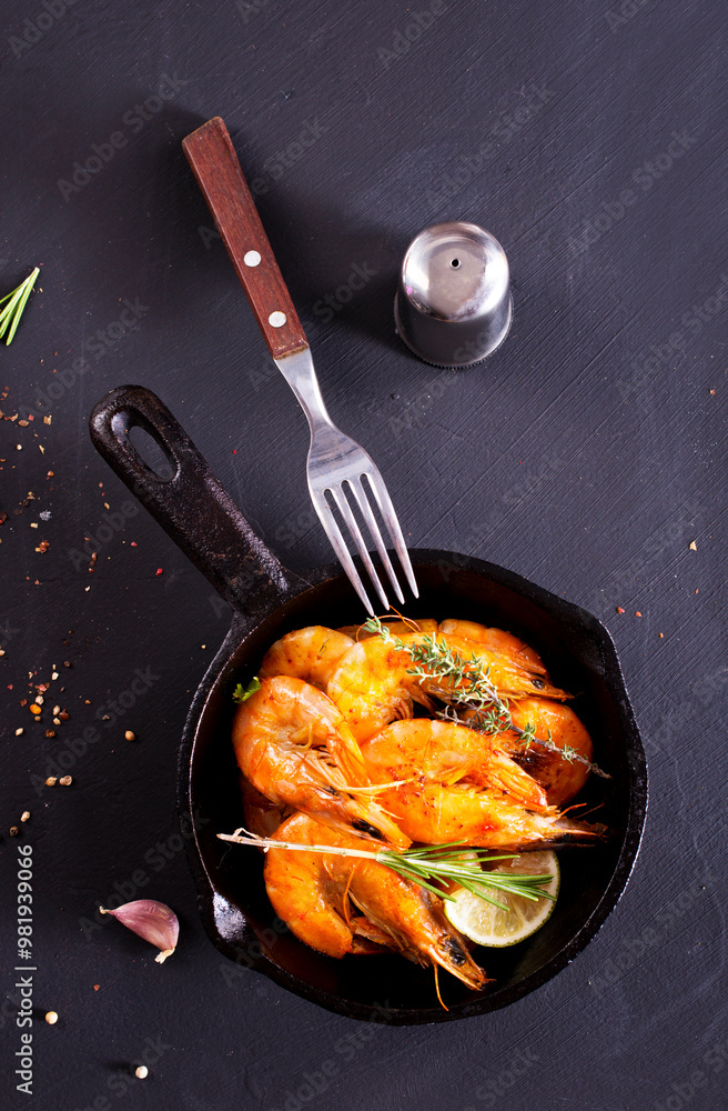 Grilled shrimps with greens and garlic in a pan Grilled shrimps with greens and garlic in a pan