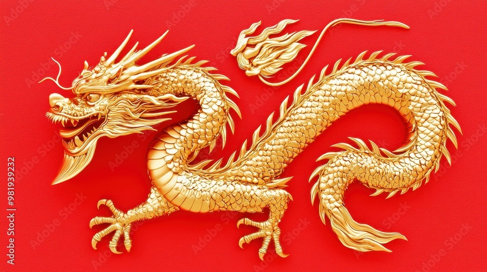 Fototapeta premium Golden Chinese Dragon on Red Background