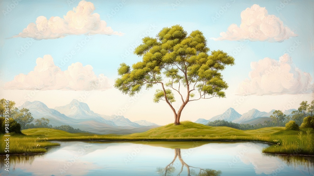 Obraz premium Solitary Tree by the Lake